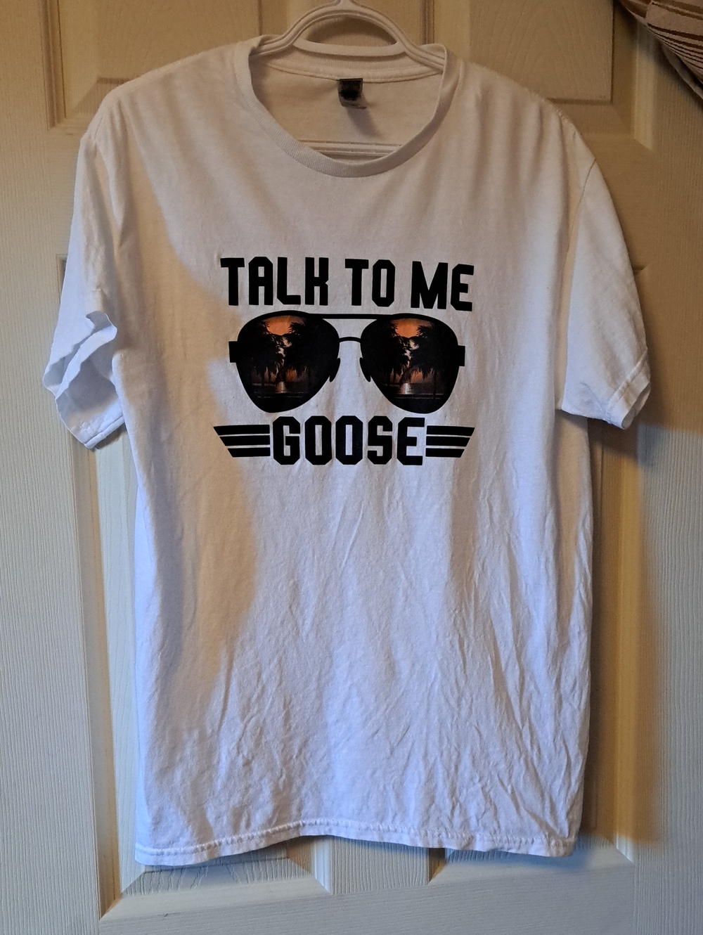 Gildan Men's White Short Sleeve Tee with 'Talk To Me Goose' Sunglasses Graphic